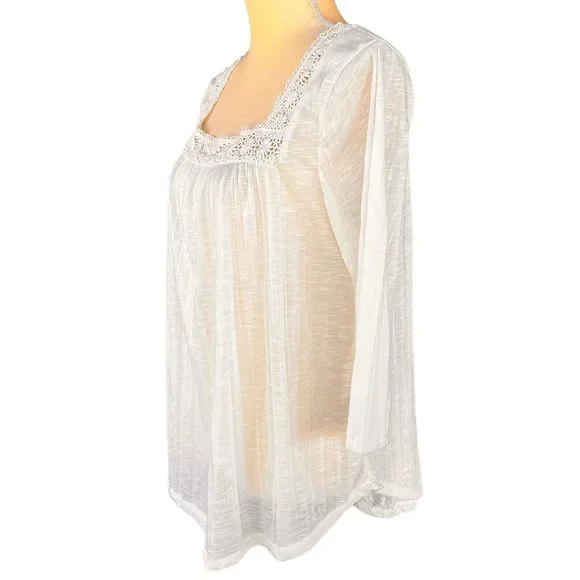 L.A. HEARTS Women's Blouse Ivory Boho Large Crinkle-Rayon 3/4 Sleeve Square Neck - Picture 9 of 14